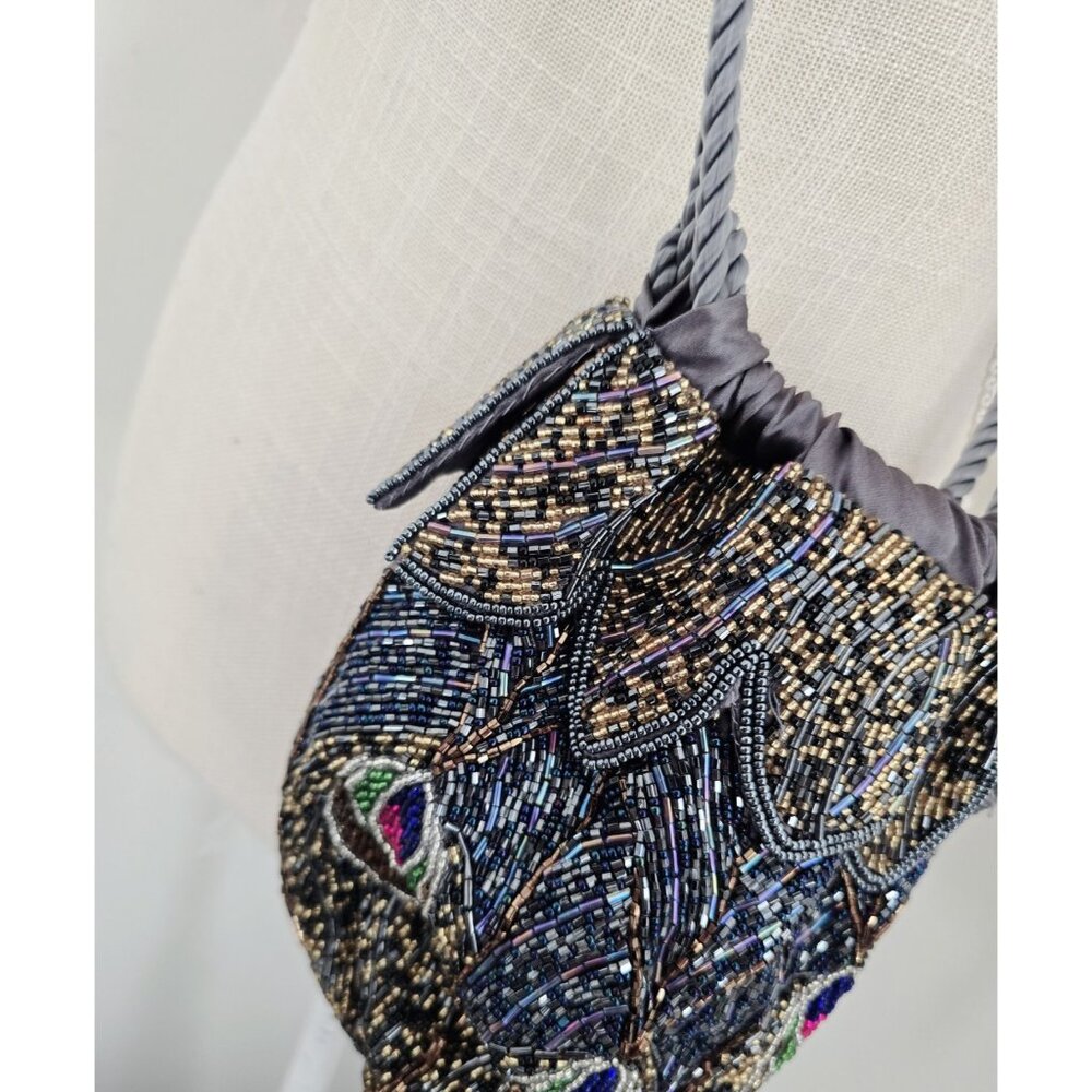 Peacock Beaded Satin Pouch Purse Crossbody Tapestry Strap Vintage Inspired Bird - Picture 3 of 11